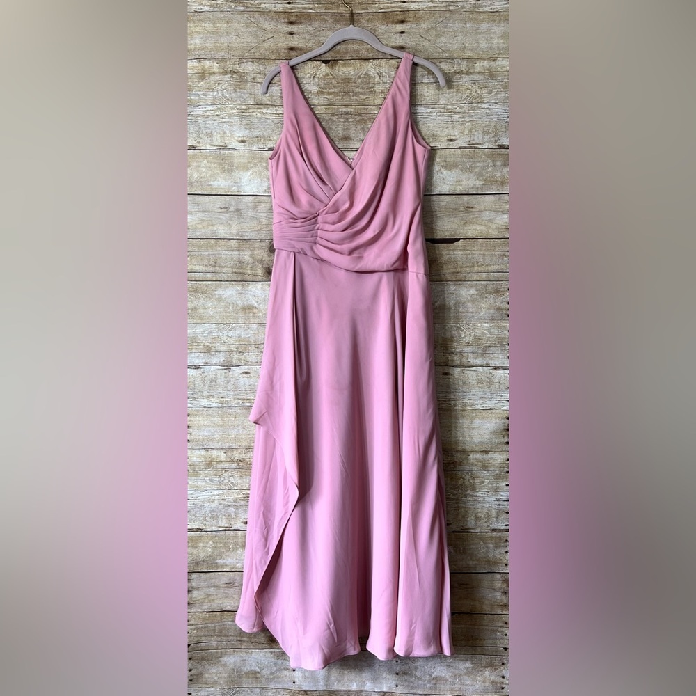 DB Studio Celebrate‎ Pink Ruched V-Neck Ruffle Maxi Dress Bridesmaid Gown 10